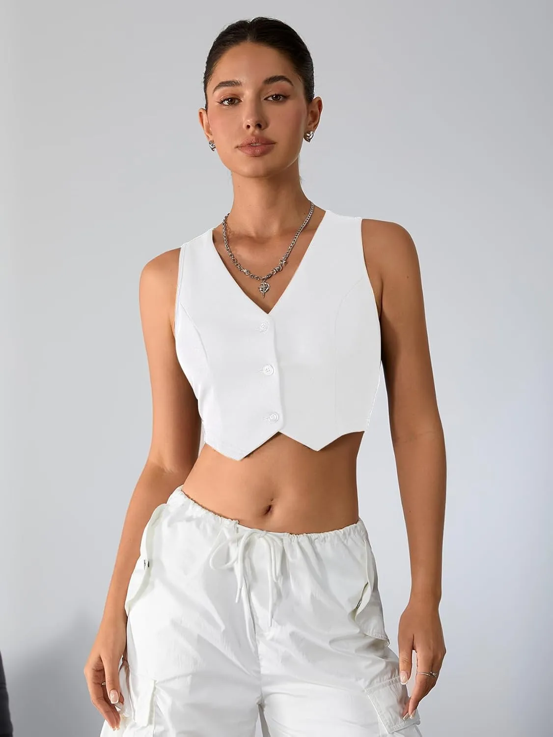 Milumia Women's Button Up Suit Vest Shirt Waistcoat Sleeveless Cropped Blazer Vest Tops