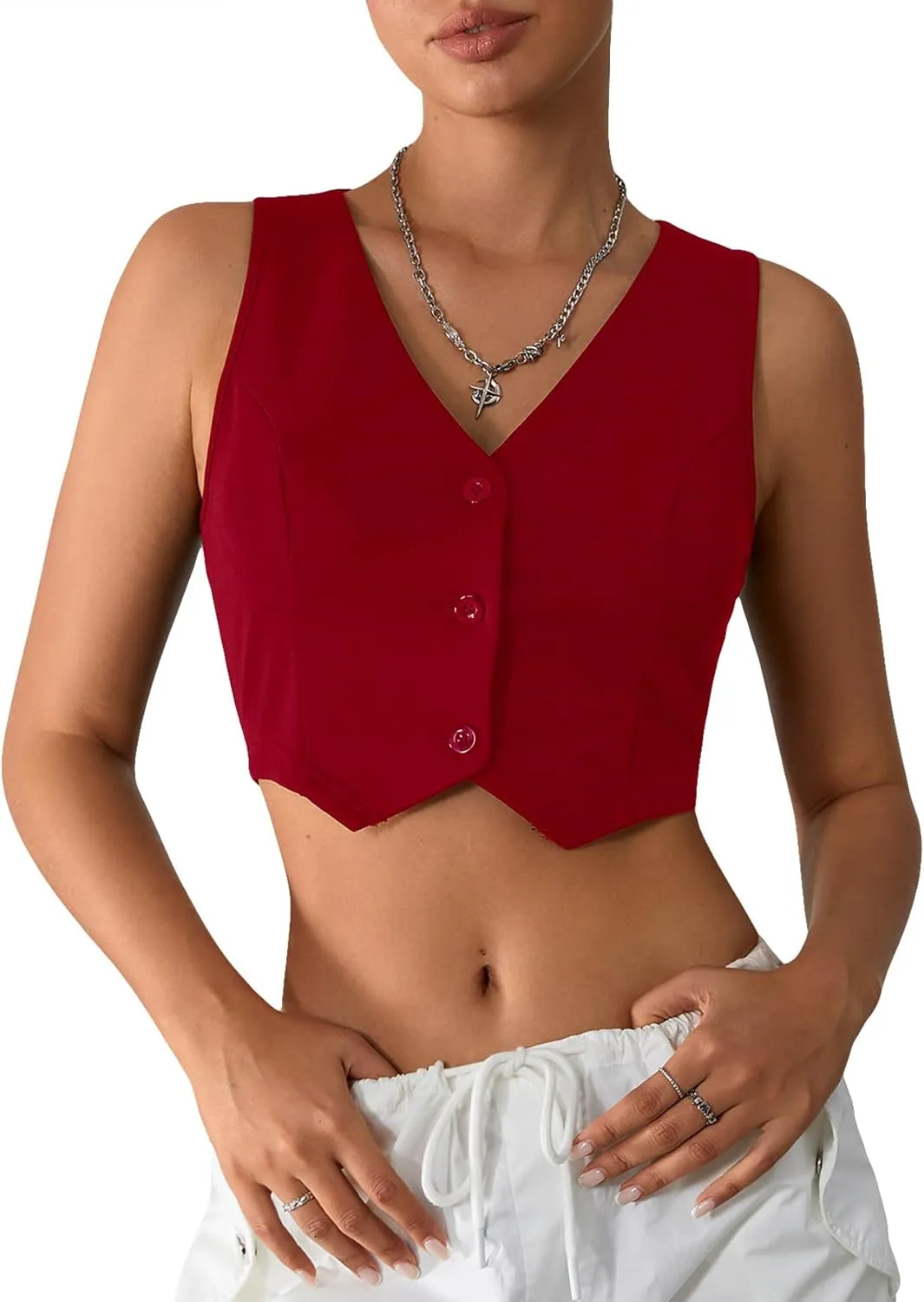 Milumia Women's Button Up Suit Vest Shirt Waistcoat Sleeveless Cropped Blazer Vest Tops