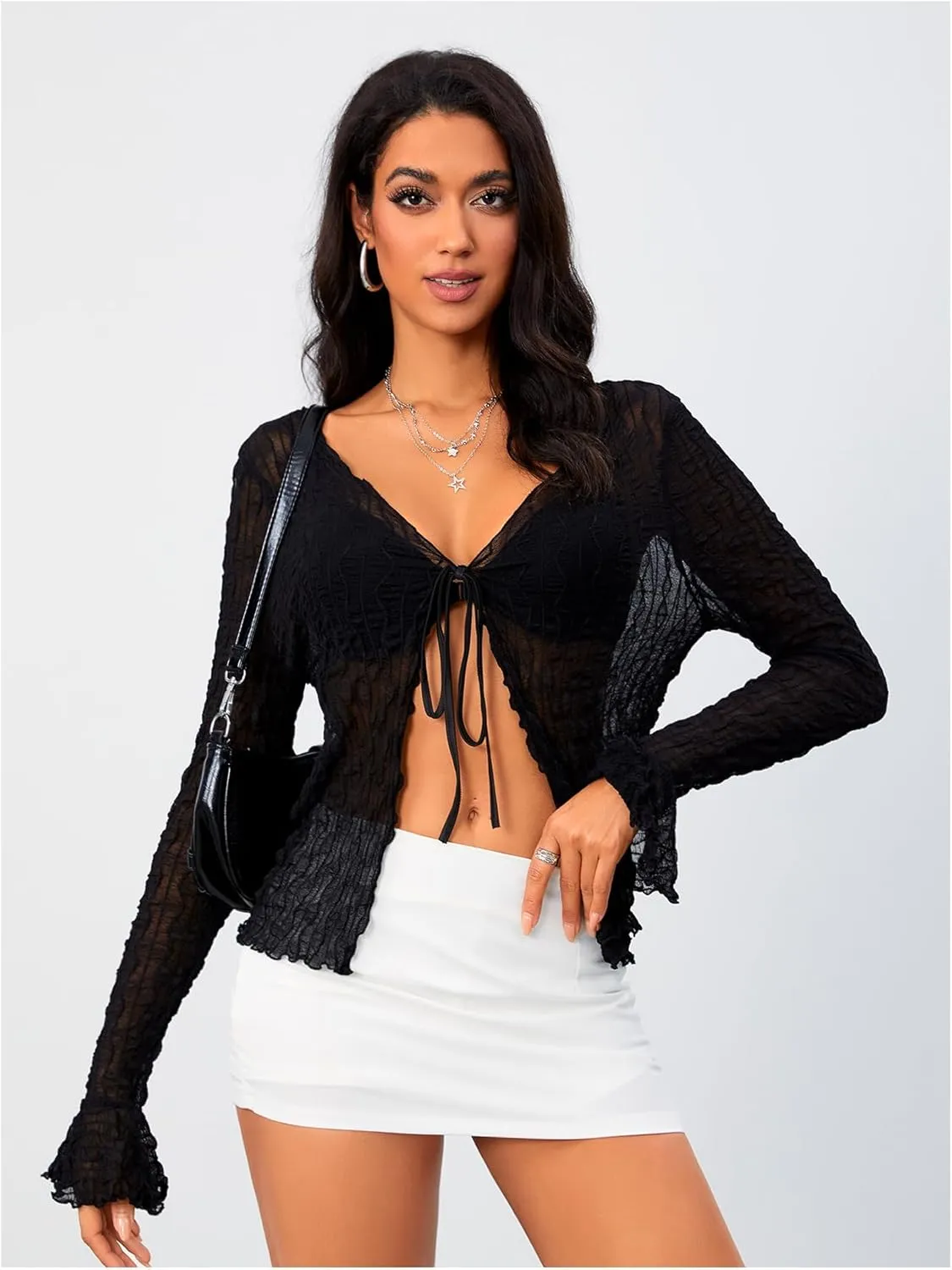 Milumia Women's Y2K Textured Lettuce Trim Tie Front Cardigan Long Sleeve Sheer Shrug Top Cover Ups