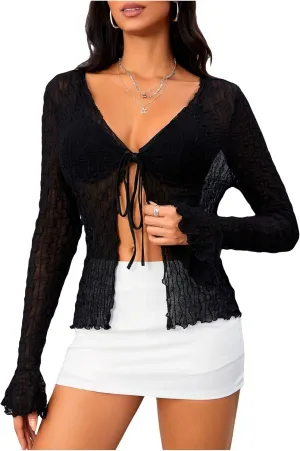 Milumia Women's Y2K Textured Lettuce Trim Tie Front Cardigan Long Sleeve Sheer Shrug Top Cover Ups