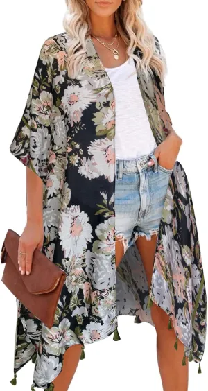 Moss Rose Women's Beach Cover up Swimsuit Kimono Cardigan with Bohemian Floral Print