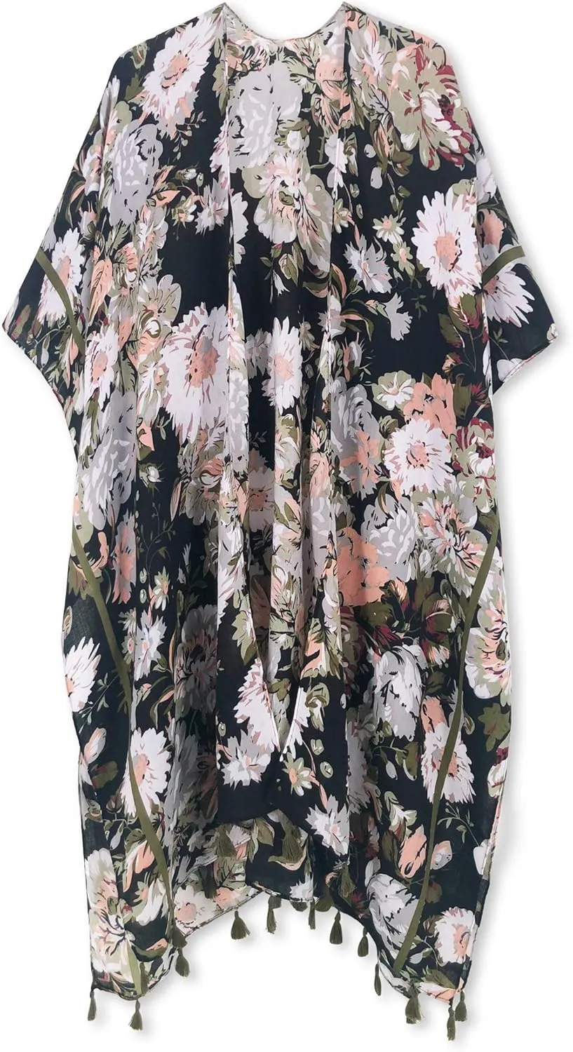 Moss Rose Women's Beach Cover up Swimsuit Kimono Cardigan with Bohemian Floral Print