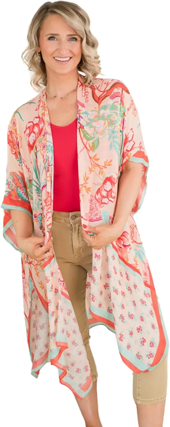 Moss Rose Women's Beach Cover up Swimsuit Kimono Cardigan with Bohemian Floral Print