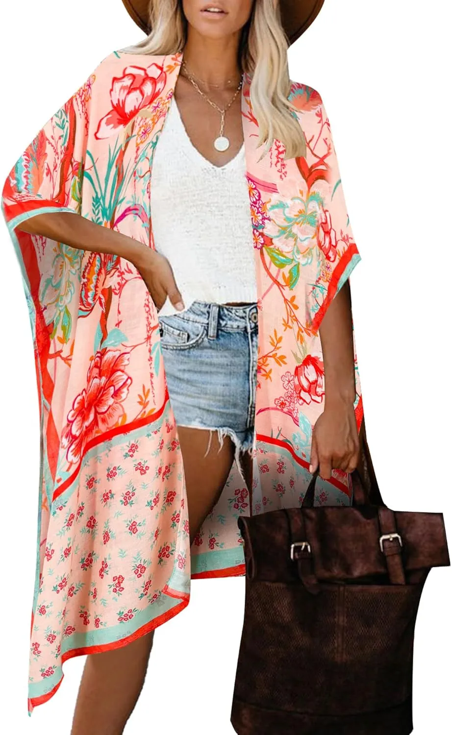 Moss Rose Women's Beach Cover up Swimsuit Kimono Cardigan with Bohemian Floral Print
