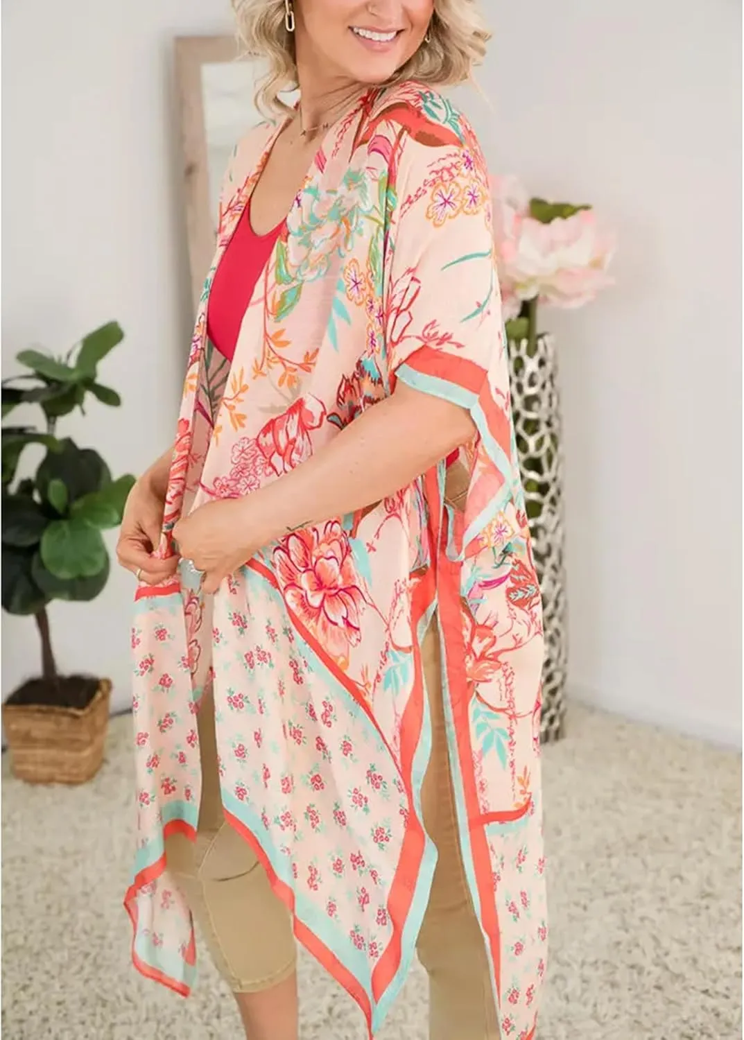 Moss Rose Women's Beach Cover up Swimsuit Kimono Cardigan with Bohemian Floral Print