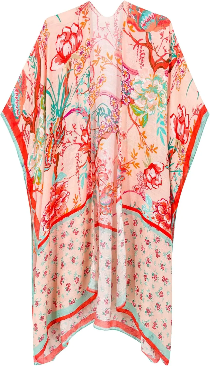 Moss Rose Women's Beach Cover up Swimsuit Kimono Cardigan with Bohemian Floral Print