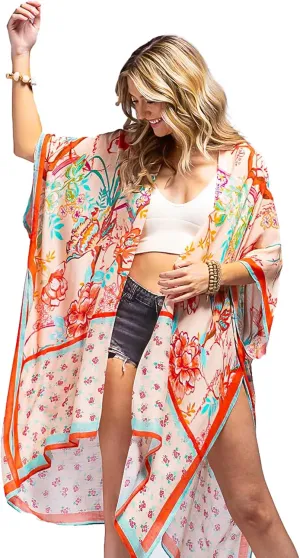 Moss Rose Women's Beach Cover up Swimsuit Kimono Cardigan with Bohemian Floral Print