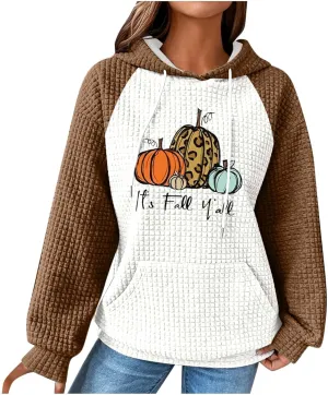 Mzkdieey It's Fall Y'all Leopard Pumpkin Sweatshirt Women Thanksgiving Hoodies Waffle Knit Color Block Long Sleeve Pullover