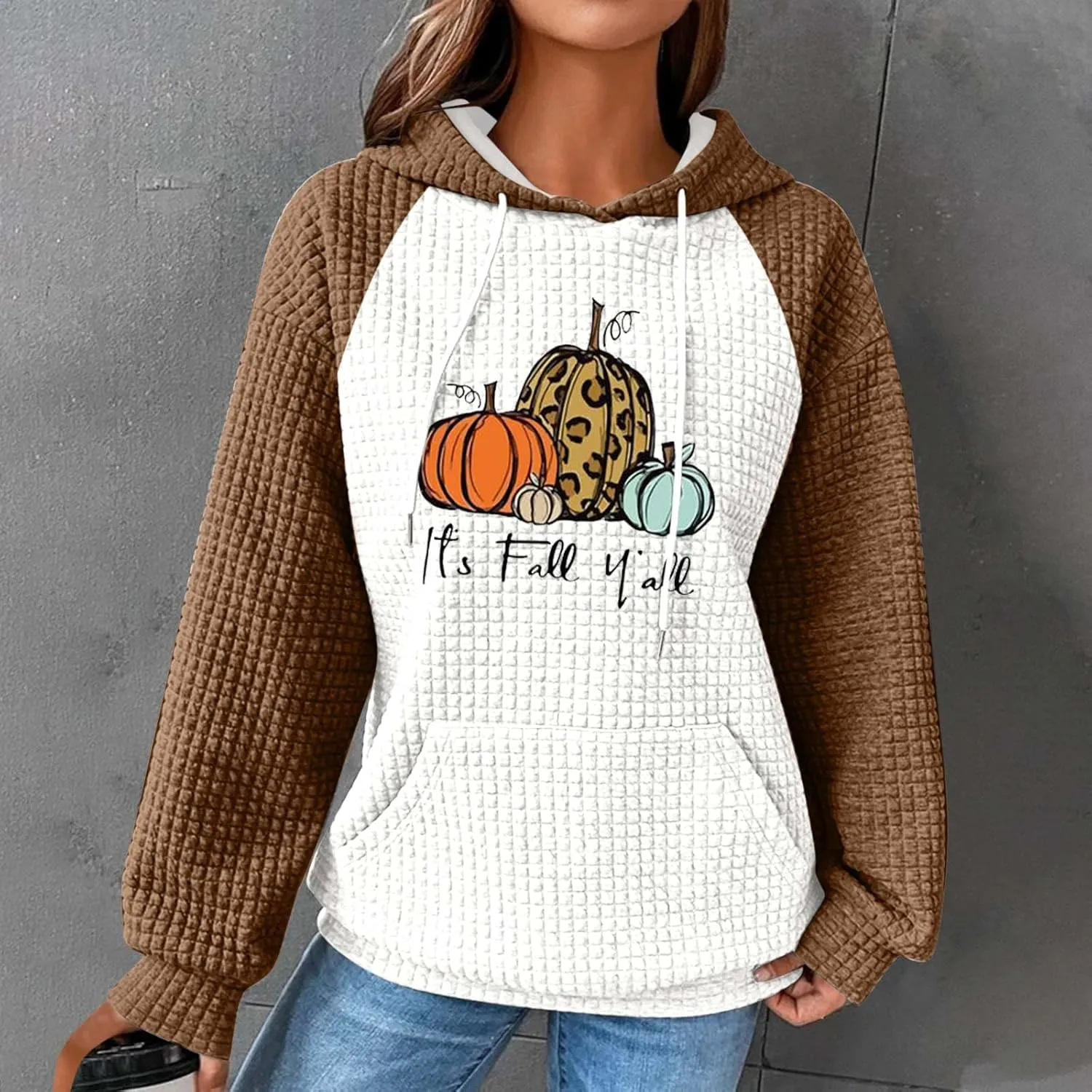 Mzkdieey It's Fall Y'all Leopard Pumpkin Sweatshirt Women Thanksgiving Hoodies Waffle Knit Color Block Long Sleeve Pullover