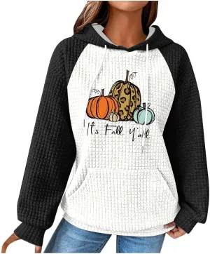 Mzkdieey It's Fall Y'all Leopard Pumpkin Sweatshirt Women Thanksgiving Hoodies Waffle Knit Color Block Long Sleeve Pullover