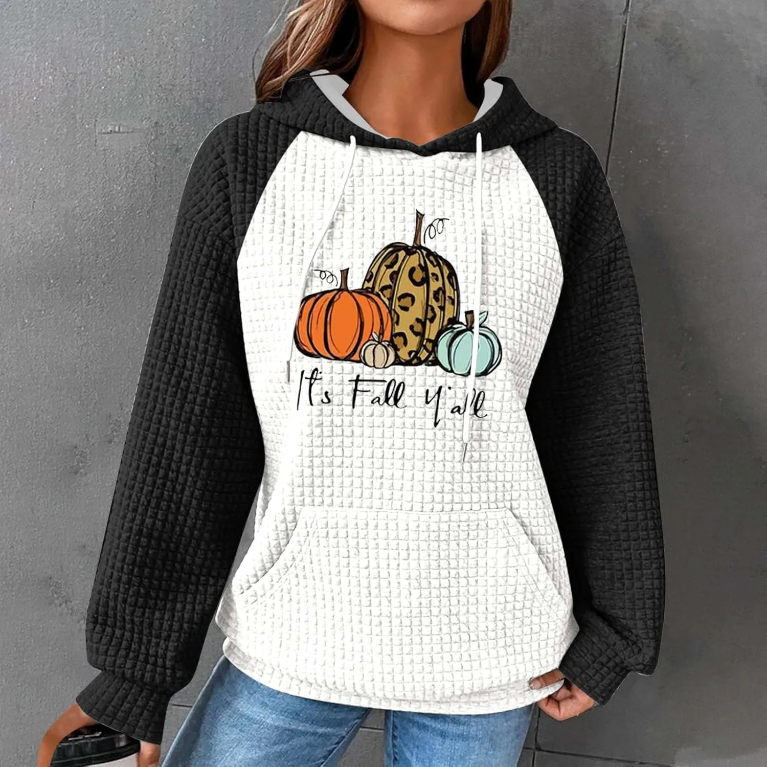 Mzkdieey It's Fall Y'all Leopard Pumpkin Sweatshirt Women Thanksgiving Hoodies Waffle Knit Color Block Long Sleeve Pullover