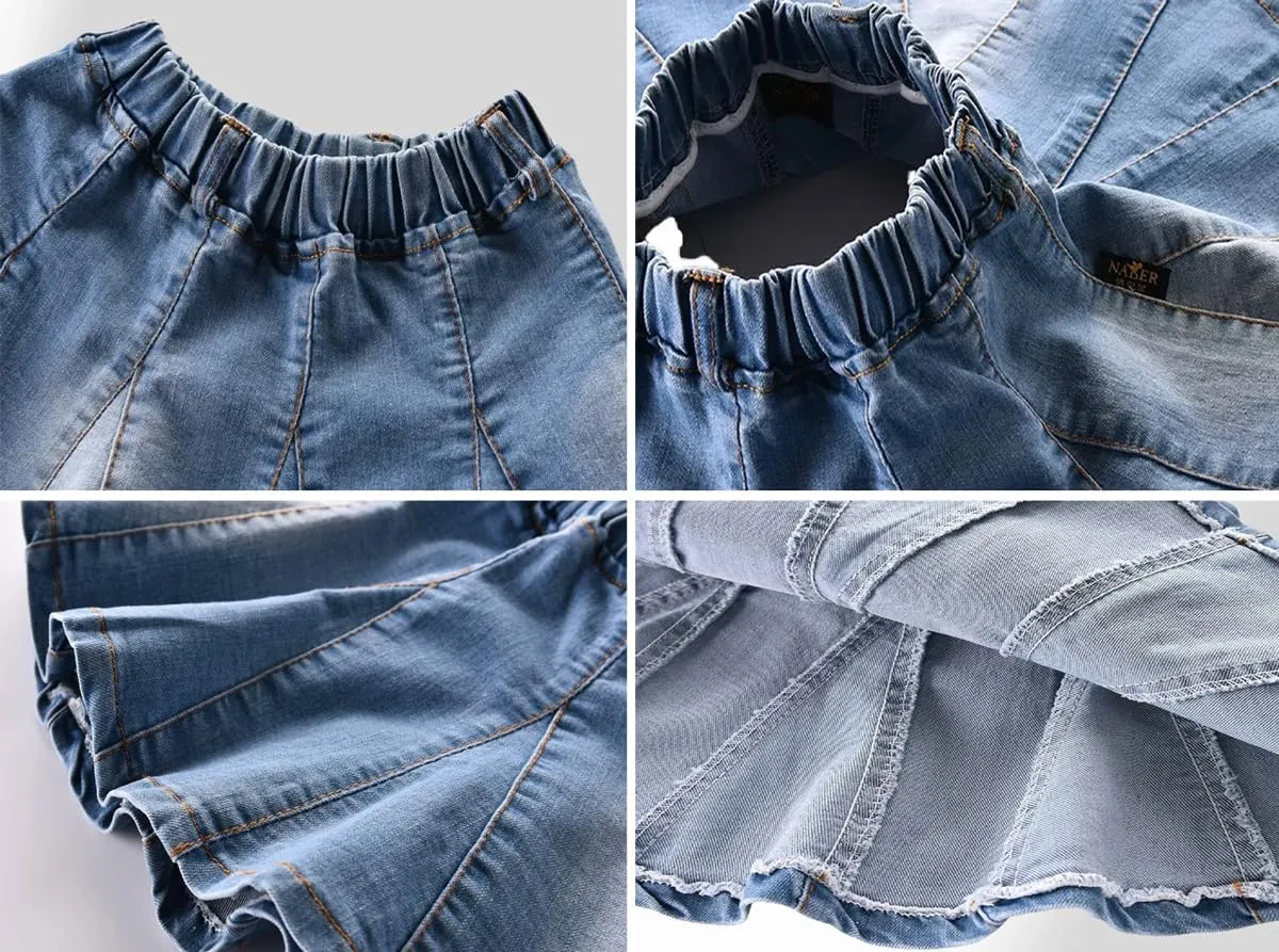 NABER Kids Girls' Casual Elastic Waistband Washed Denim A-Line Pleated Denim Skirt Age 4-11 Years
