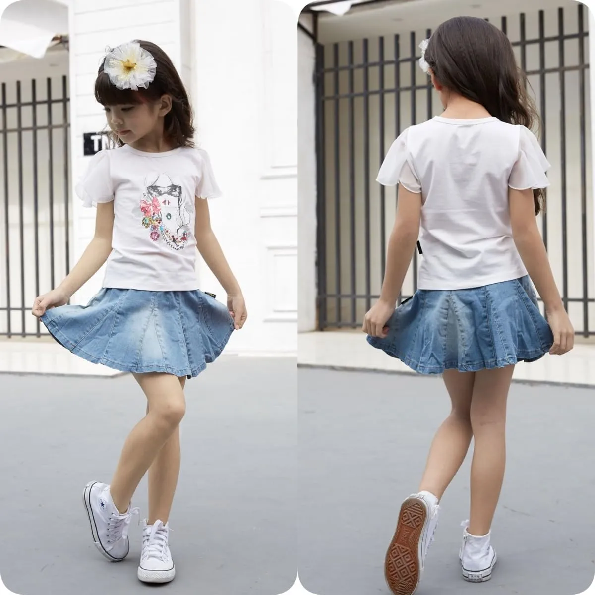NABER Kids Girls' Casual Elastic Waistband Washed Denim A-Line Pleated Denim Skirt Age 4-11 Years