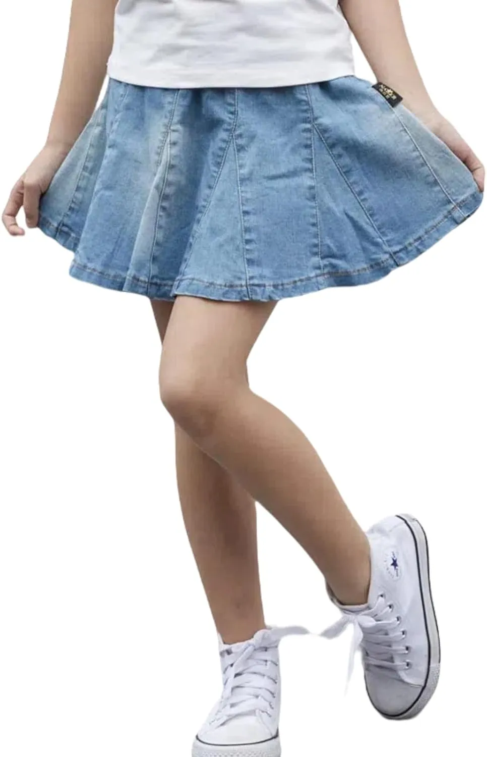 NABER Kids Girls' Casual Elastic Waistband Washed Denim A-Line Pleated Denim Skirt Age 4-11 Years