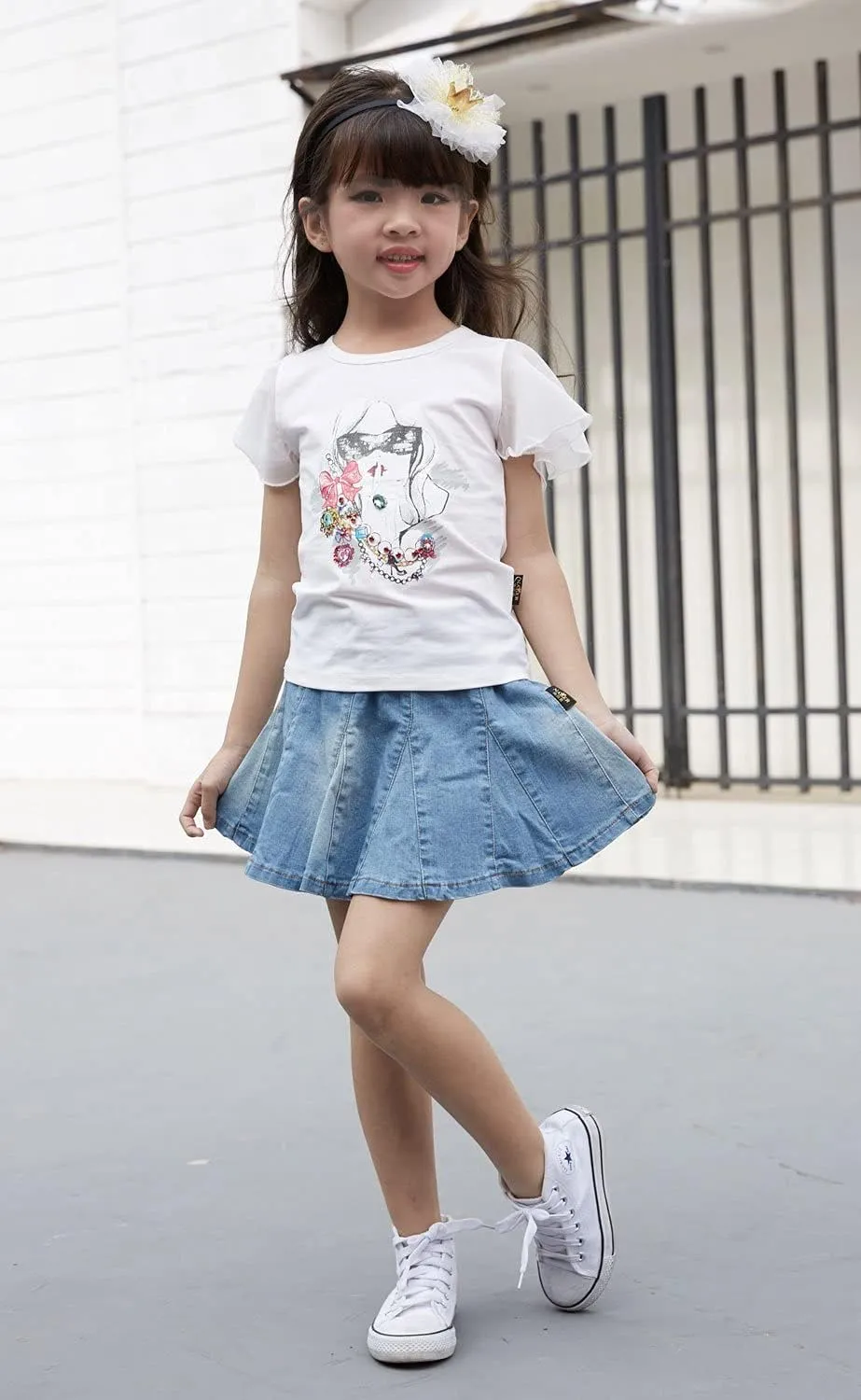 NABER Kids Girls' Casual Elastic Waistband Washed Denim A-Line Pleated Denim Skirt Age 4-11 Years