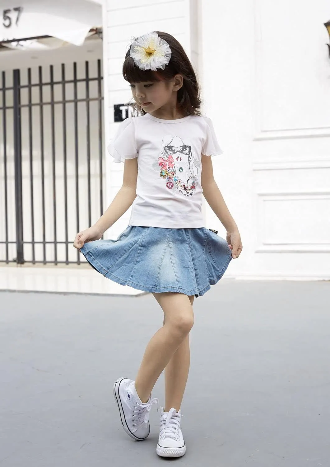 NABER Kids Girls' Casual Elastic Waistband Washed Denim A-Line Pleated Denim Skirt Age 4-11 Years