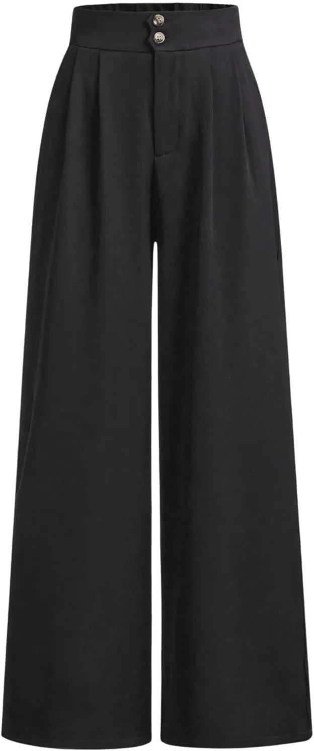 OYOANGLE Girl's Button Down Elastic High Waist Wide Leg Pants Casual Solid Trousers with Pockets