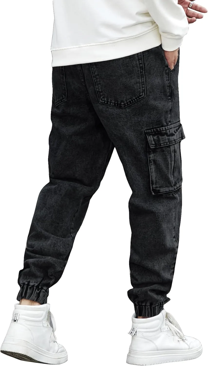 OYOANGLE Men's Drawstring Waist Flap Pocket Jogger Cargo Pants Carrot Denim Jeans with Pocket