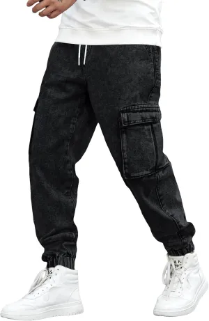 OYOANGLE Men's Drawstring Waist Flap Pocket Jogger Cargo Pants Carrot Denim Jeans with Pocket