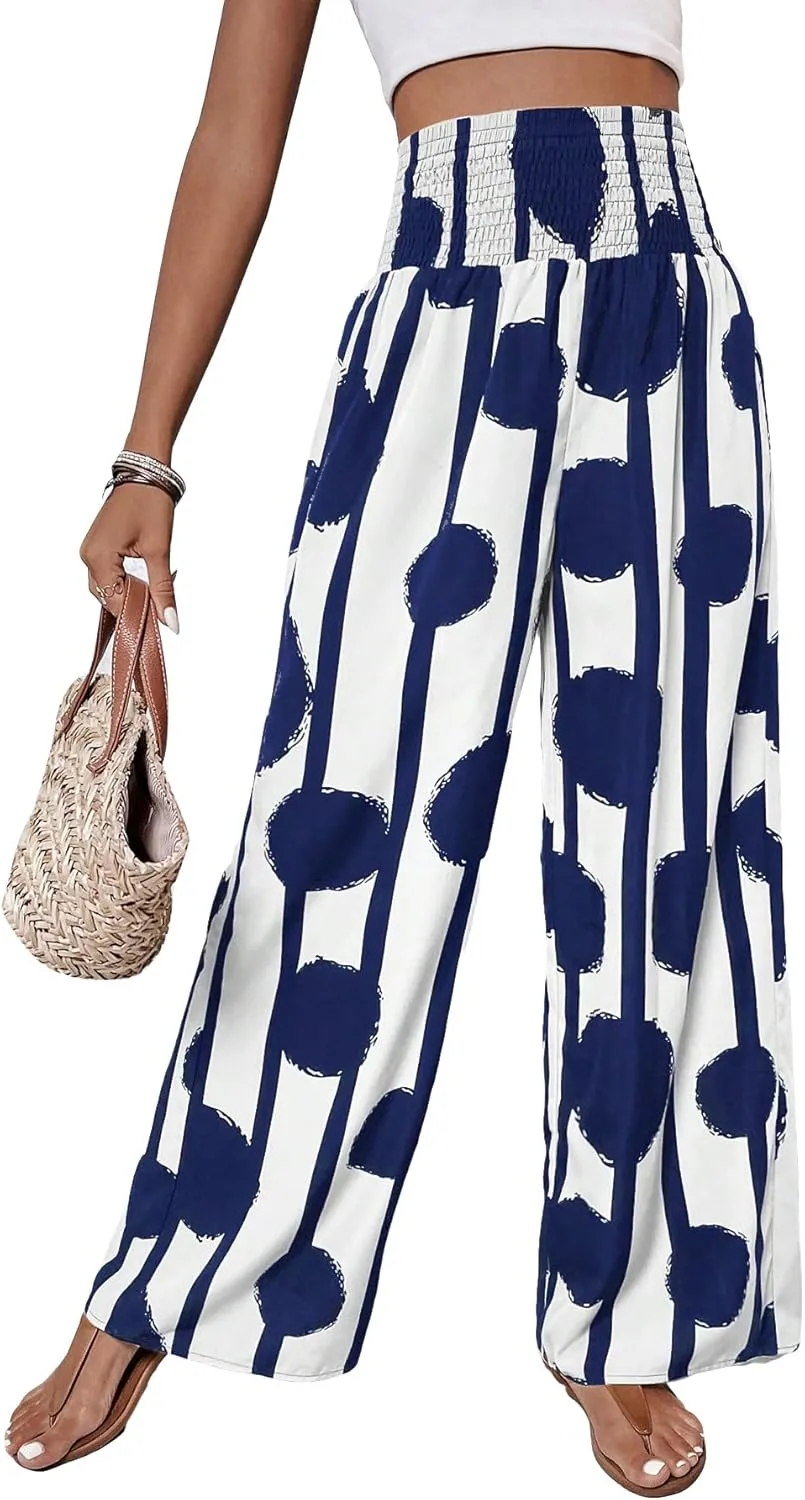 OYOANGLE Women's Boho Polka Dots Shirred Elastic High Waist Loose Wide Leg Long Pants