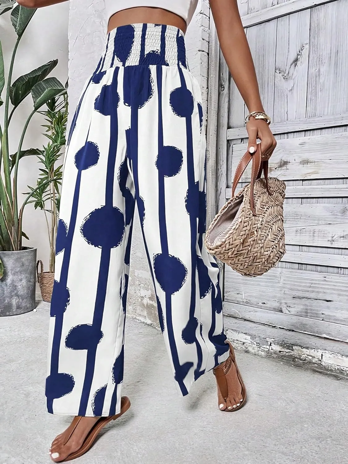 OYOANGLE Women's Boho Polka Dots Shirred Elastic High Waist Loose Wide Leg Long Pants
