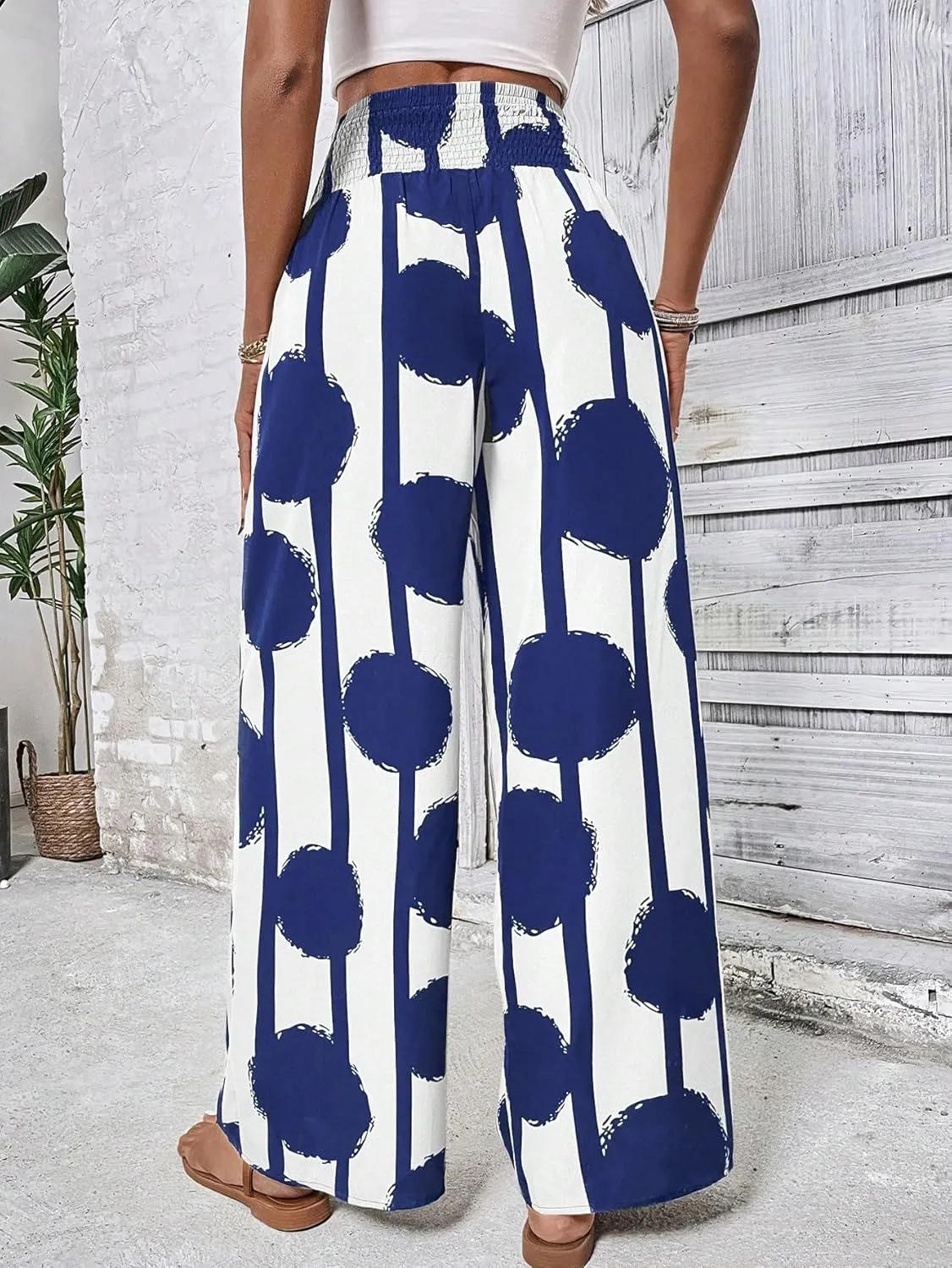 OYOANGLE Women's Boho Polka Dots Shirred Elastic High Waist Loose Wide Leg Long Pants