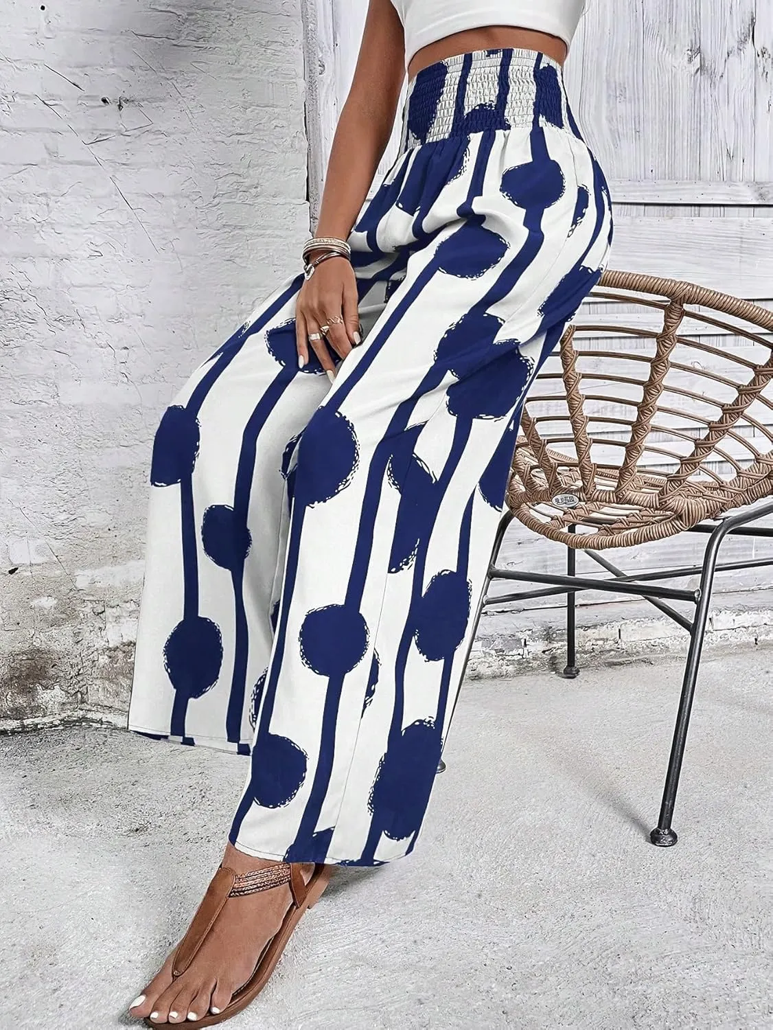 OYOANGLE Women's Boho Polka Dots Shirred Elastic High Waist Loose Wide Leg Long Pants