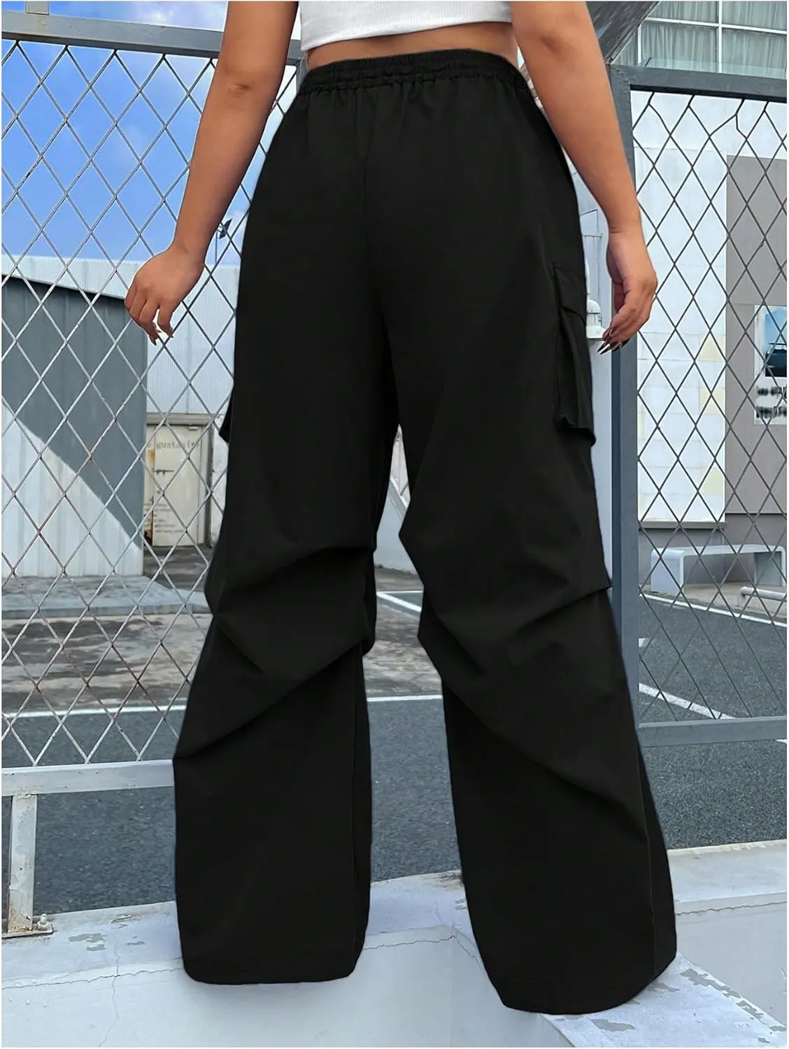 OYOANGLE Women's Plus Size Drawstring Waist Wide Leg Casual Cargo Pants with Pocket