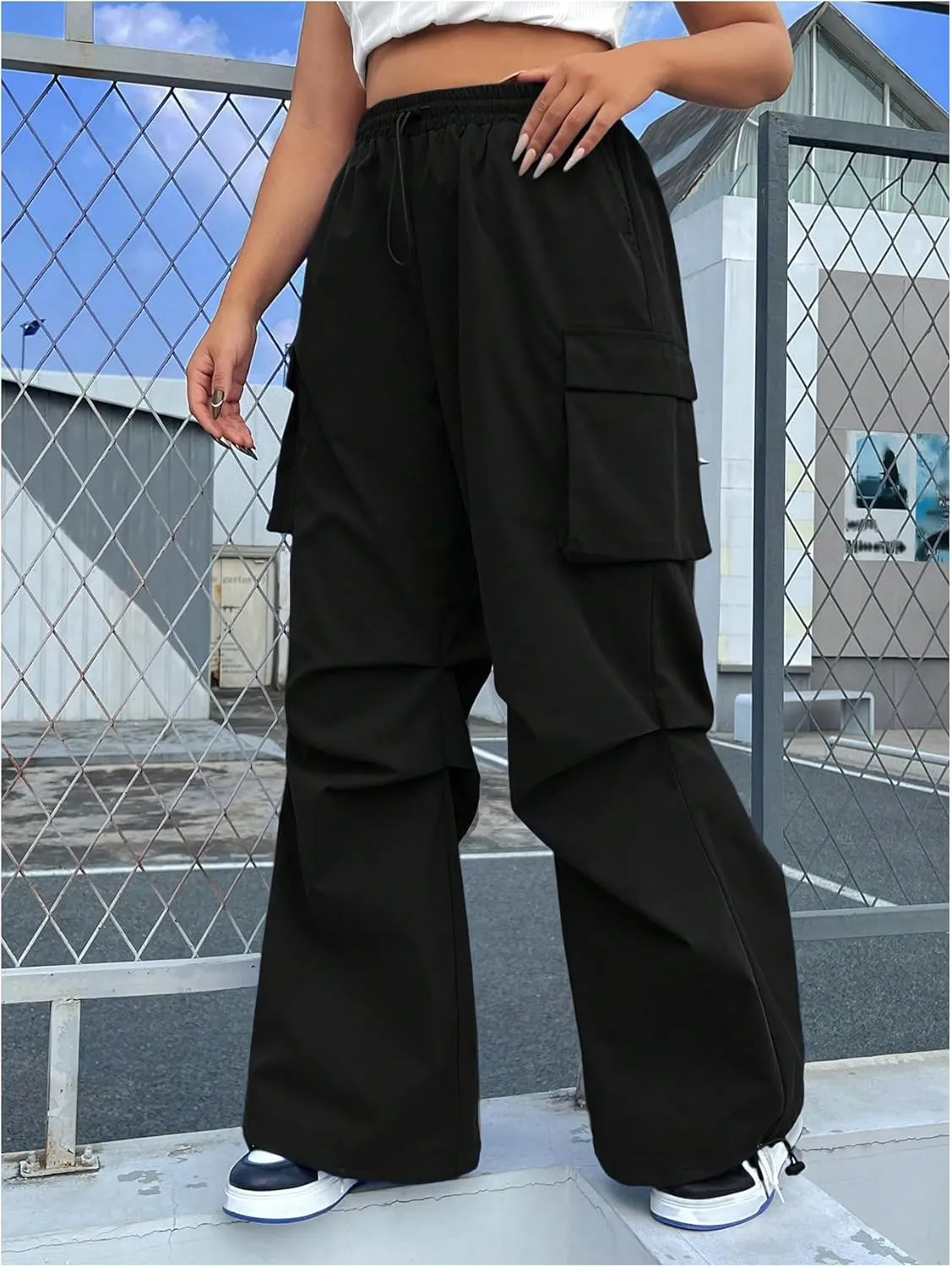 OYOANGLE Women's Plus Size Drawstring Waist Wide Leg Casual Cargo Pants with Pocket