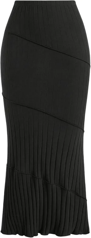 OYOANGLE Women's Plus Size Pleated Lettuce Hem Skirts Ribbed Knit Solid Slim Fit Long Skirt