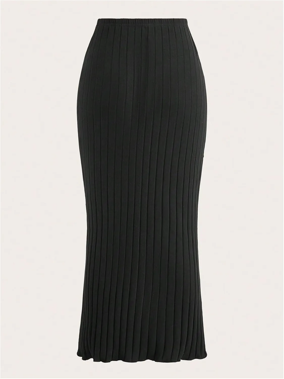 OYOANGLE Women's Plus Size Pleated Lettuce Hem Skirts Ribbed Knit Solid Slim Fit Long Skirt