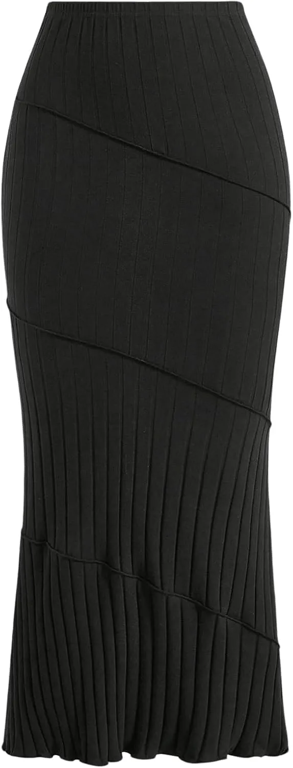 OYOANGLE Women's Plus Size Pleated Lettuce Hem Skirts Ribbed Knit Solid Slim Fit Long Skirt