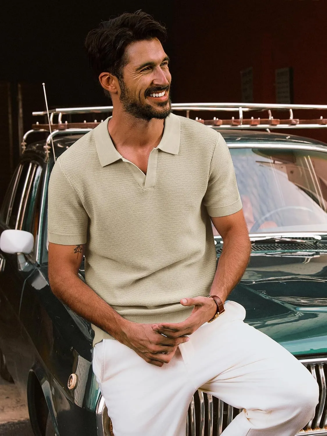 PJ PAUL JONES Mens Polo Shirts Short Sleeve Casual V Neck Ribbed Textured Knit Polo Shirt