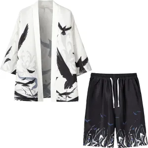 PRIJOUHE Mens Japanese Kimono Coat Suits Loose Open Front Seven Sleeve Kimono Cardigan Jacket with Shorts