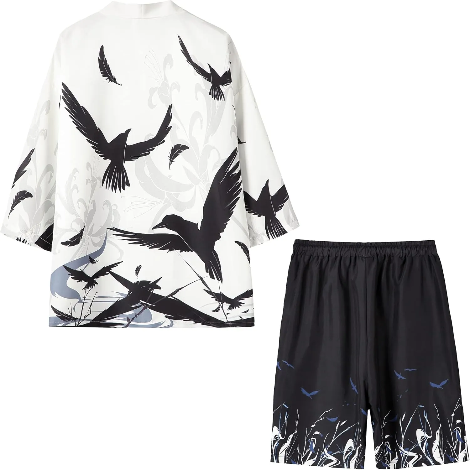 PRIJOUHE Mens Japanese Kimono Coat Suits Loose Open Front Seven Sleeve Kimono Cardigan Jacket with Shorts