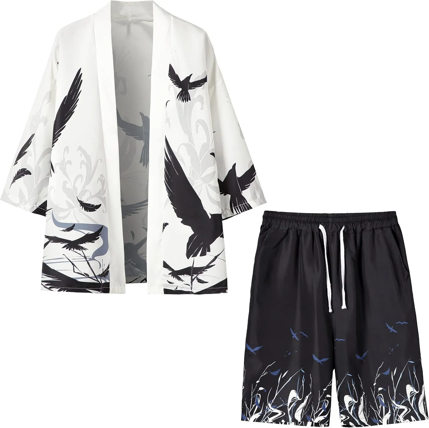 PRIJOUHE Mens Japanese Kimono Coat Suits Loose Open Front Seven Sleeve Kimono Cardigan Jacket with Shorts