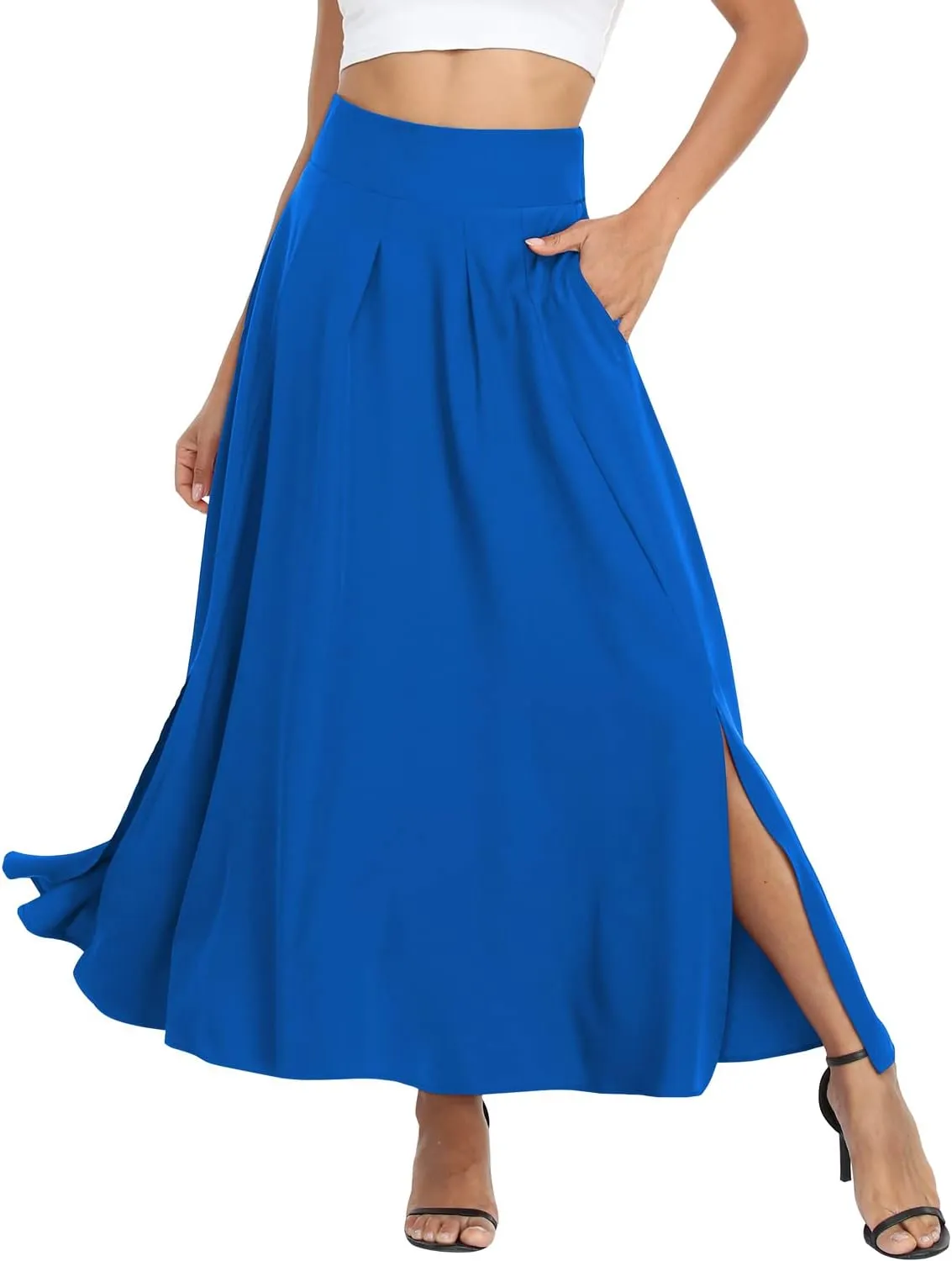 RANPHEE Women's Ankle Length High Waist A-line Flowy Long Maxi Skirt with Pockets