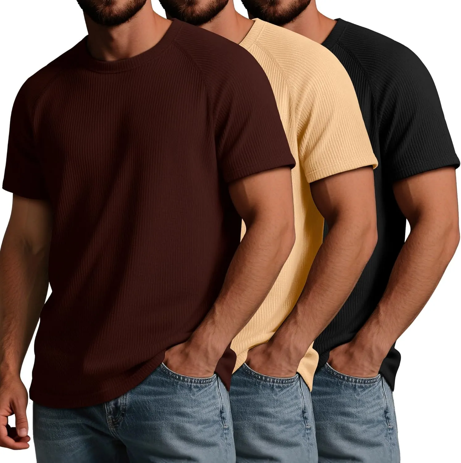 Riyiper 3 Pack Men's Big and Tall Ribbed Knit T-Shirts XL-5XL Summer Textured Casual Short Sleeve Tops Crew Neck Basic Tee
