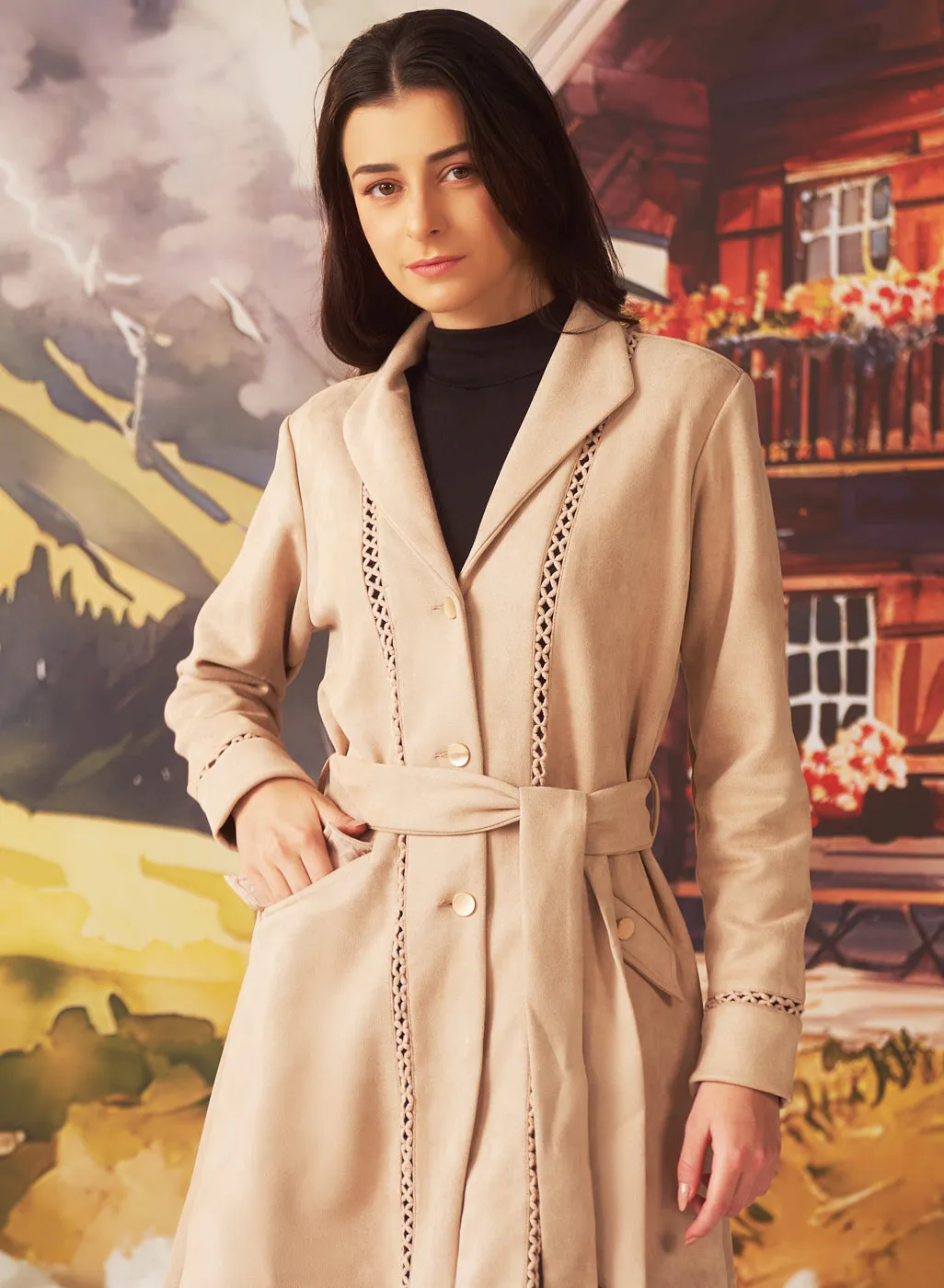 Sara Beige Monochrome Suede Long Coat for Women