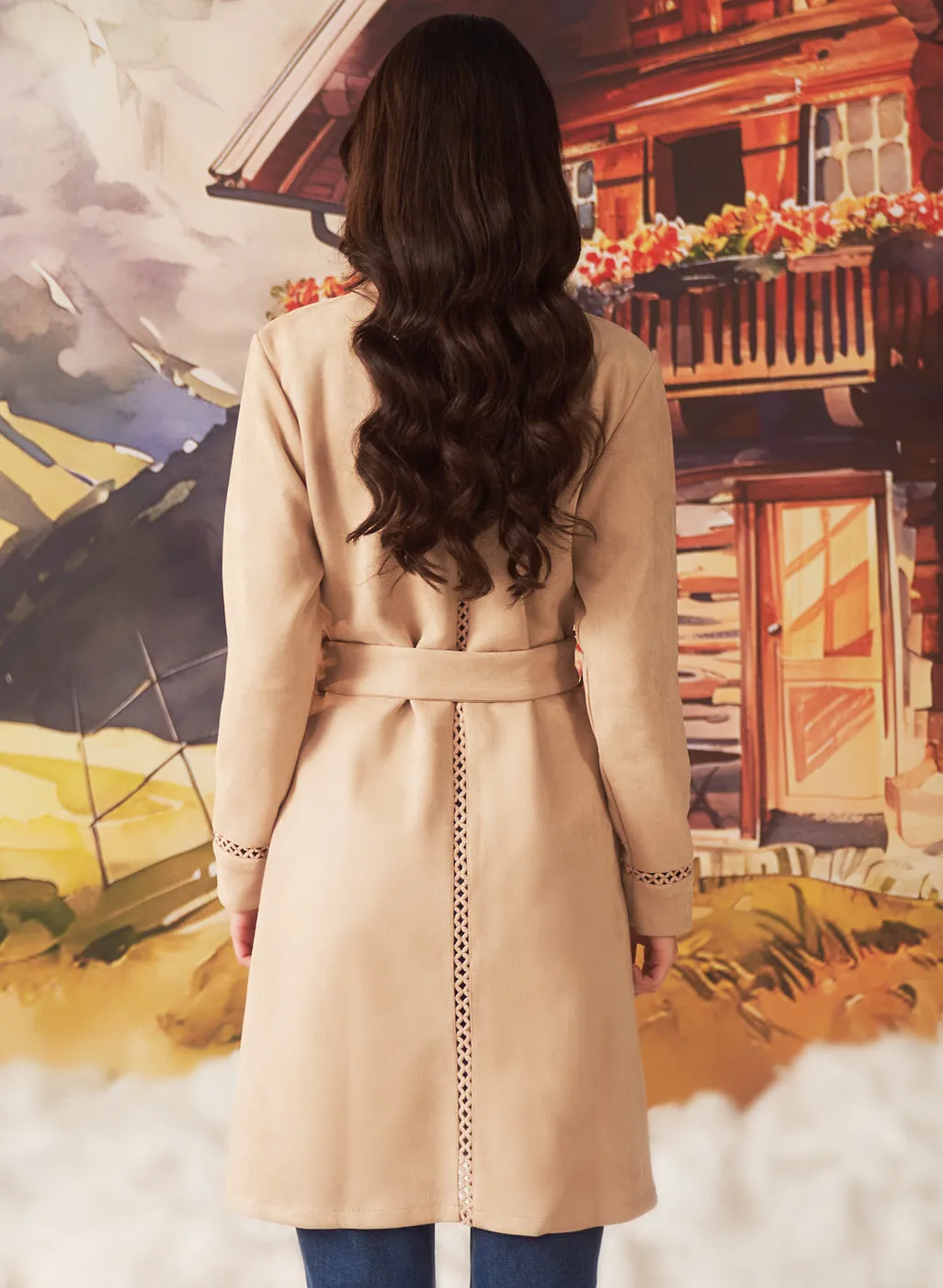 Sara Beige Monochrome Suede Long Coat for Women