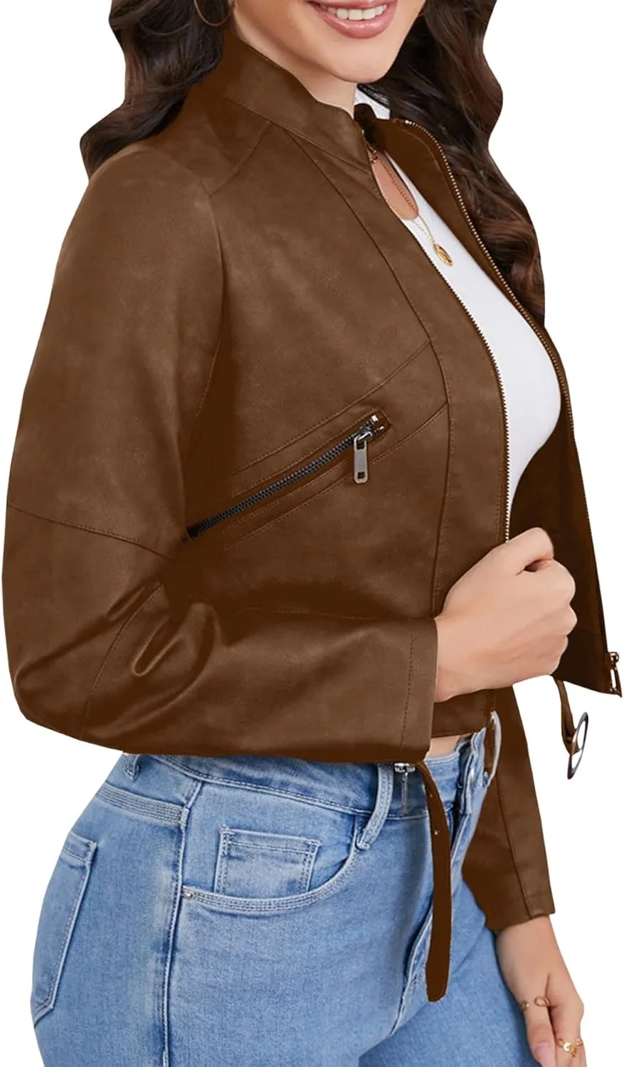 Sexyshine Women's Cropped Faux Leather Jacket Stand Collar Zipper Up PU Leather Coat Moto Bomber Biker Outwear with Belt
