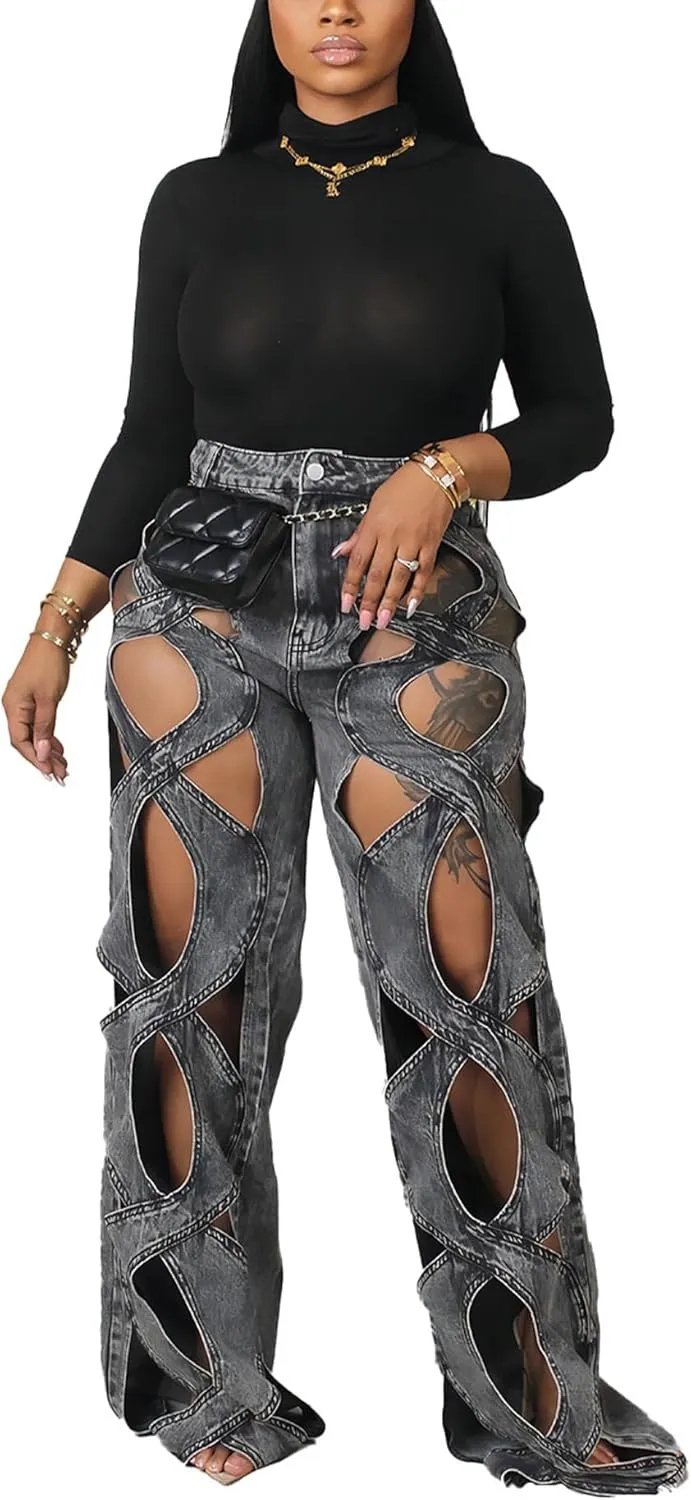 Sexyshine Women's Hollow Out Baggy Jeans Y2k High Waist Criss Cross See Through Straight Wide Leg Denim Pants