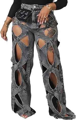Sexyshine Women's Hollow Out Baggy Jeans Y2k High Waist Criss Cross See Through Straight Wide Leg Denim Pants