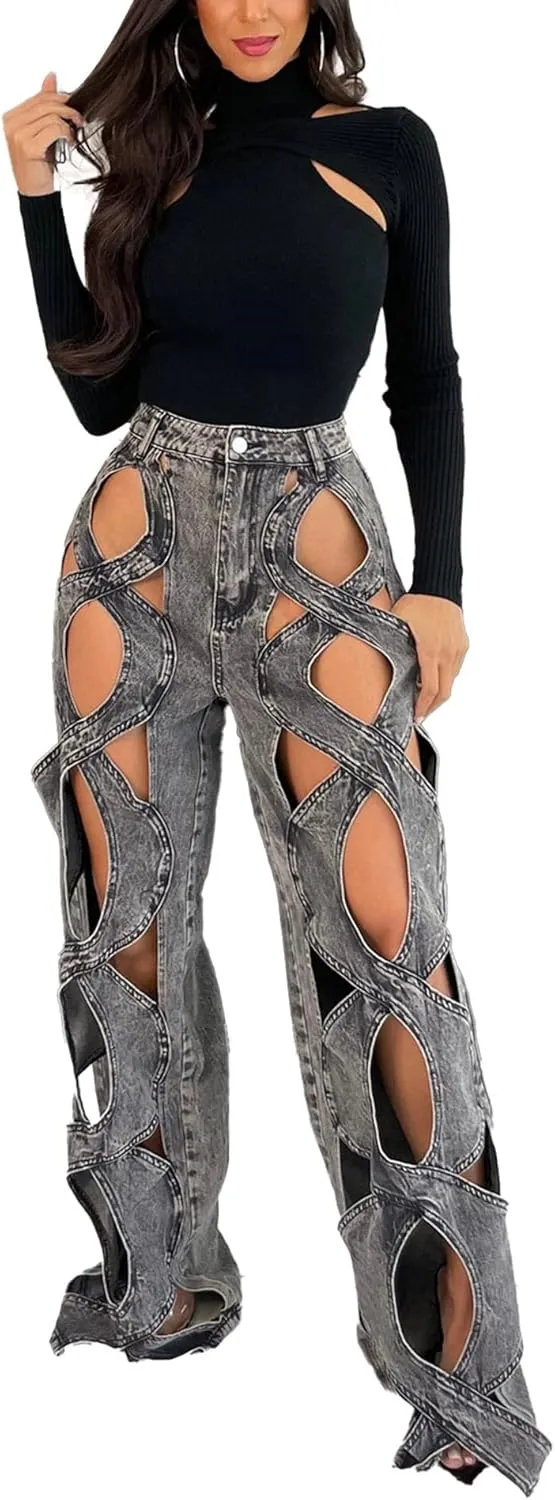 Sexyshine Women's Hollow Out Baggy Jeans Y2k High Waist Criss Cross See Through Straight Wide Leg Denim Pants