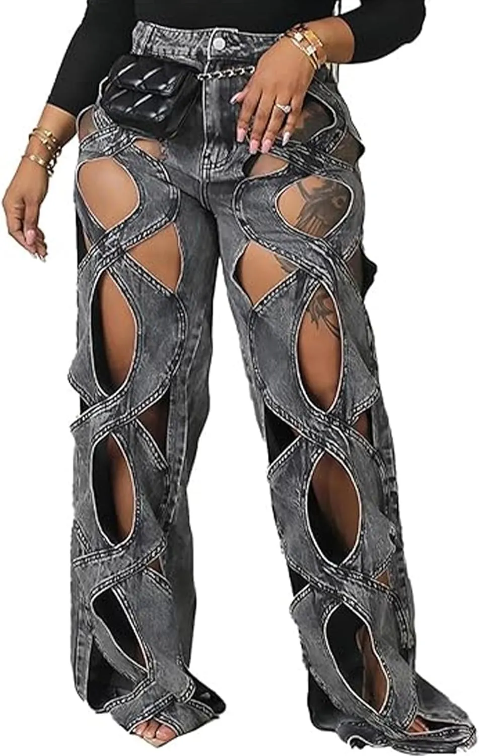Sexyshine Women's Hollow Out Baggy Jeans Y2k High Waist Criss Cross See Through Straight Wide Leg Denim Pants