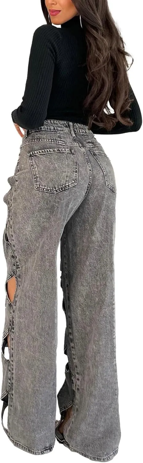 Sexyshine Women's Hollow Out Baggy Jeans Y2k High Waist Criss Cross See Through Straight Wide Leg Denim Pants