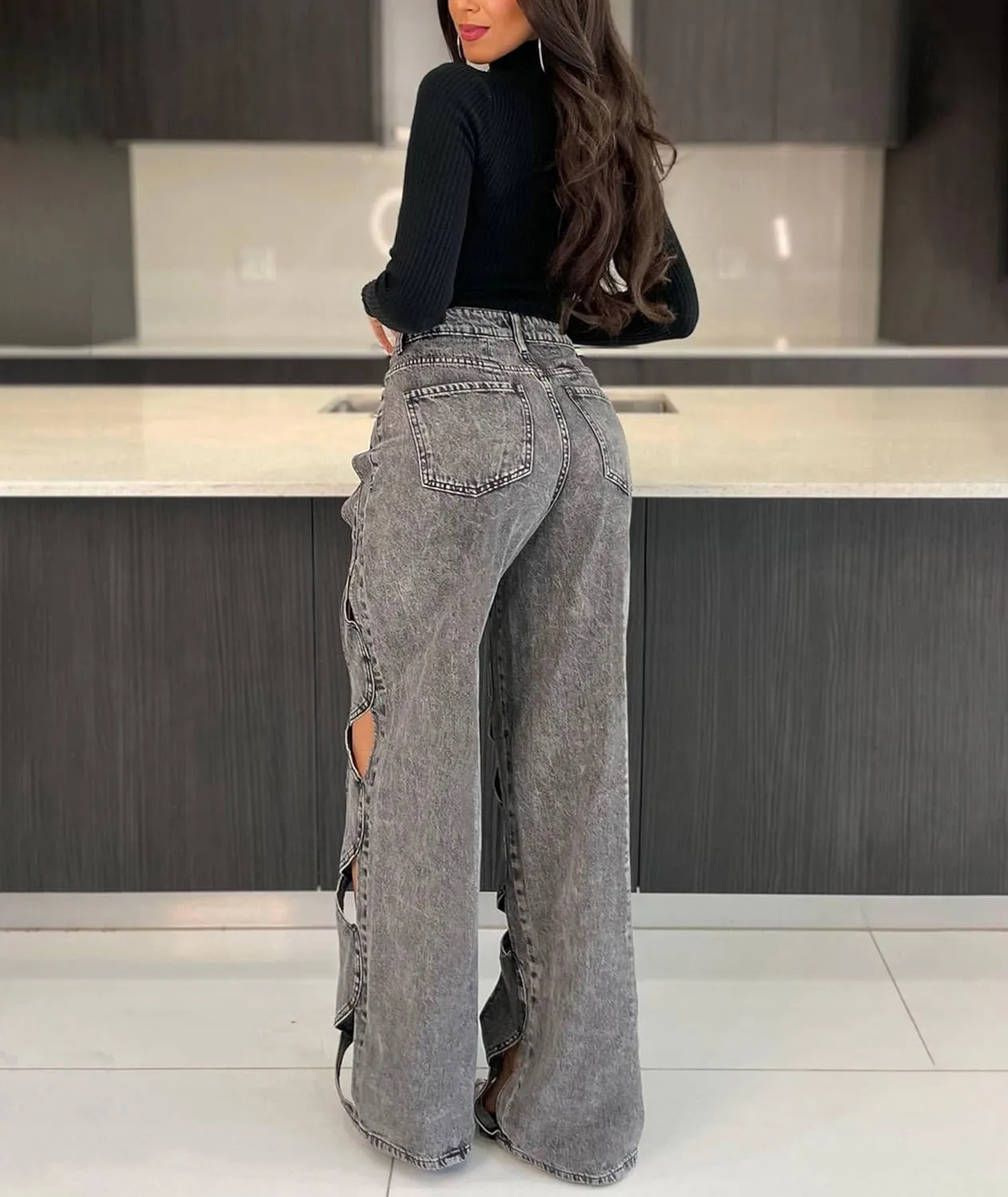 Sexyshine Women's Hollow Out Baggy Jeans Y2k High Waist Criss Cross See Through Straight Wide Leg Denim Pants