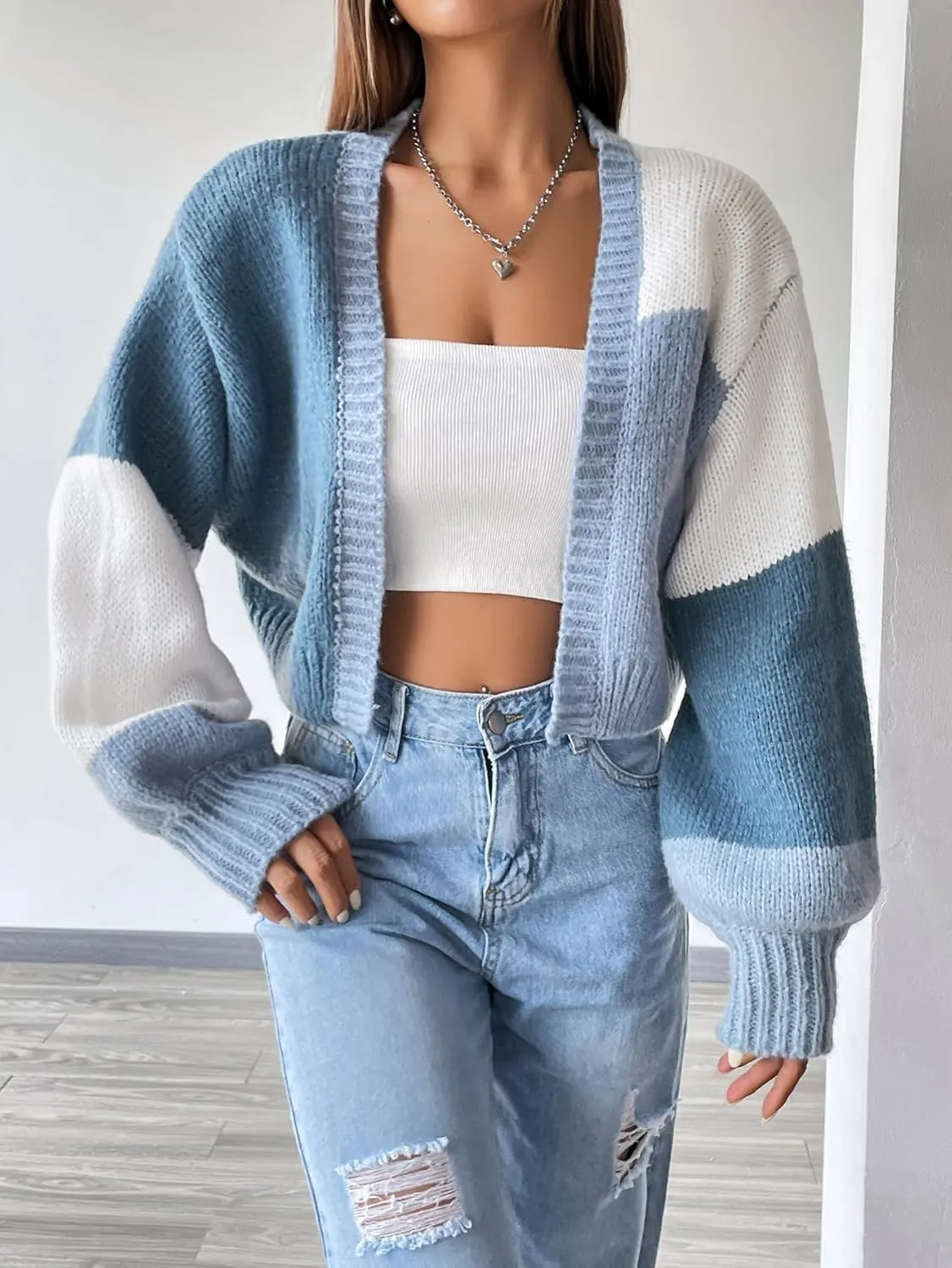 SHENHE Women's Color Block Cardigan Open Front Long Sleeve Knit Cropped Sweater