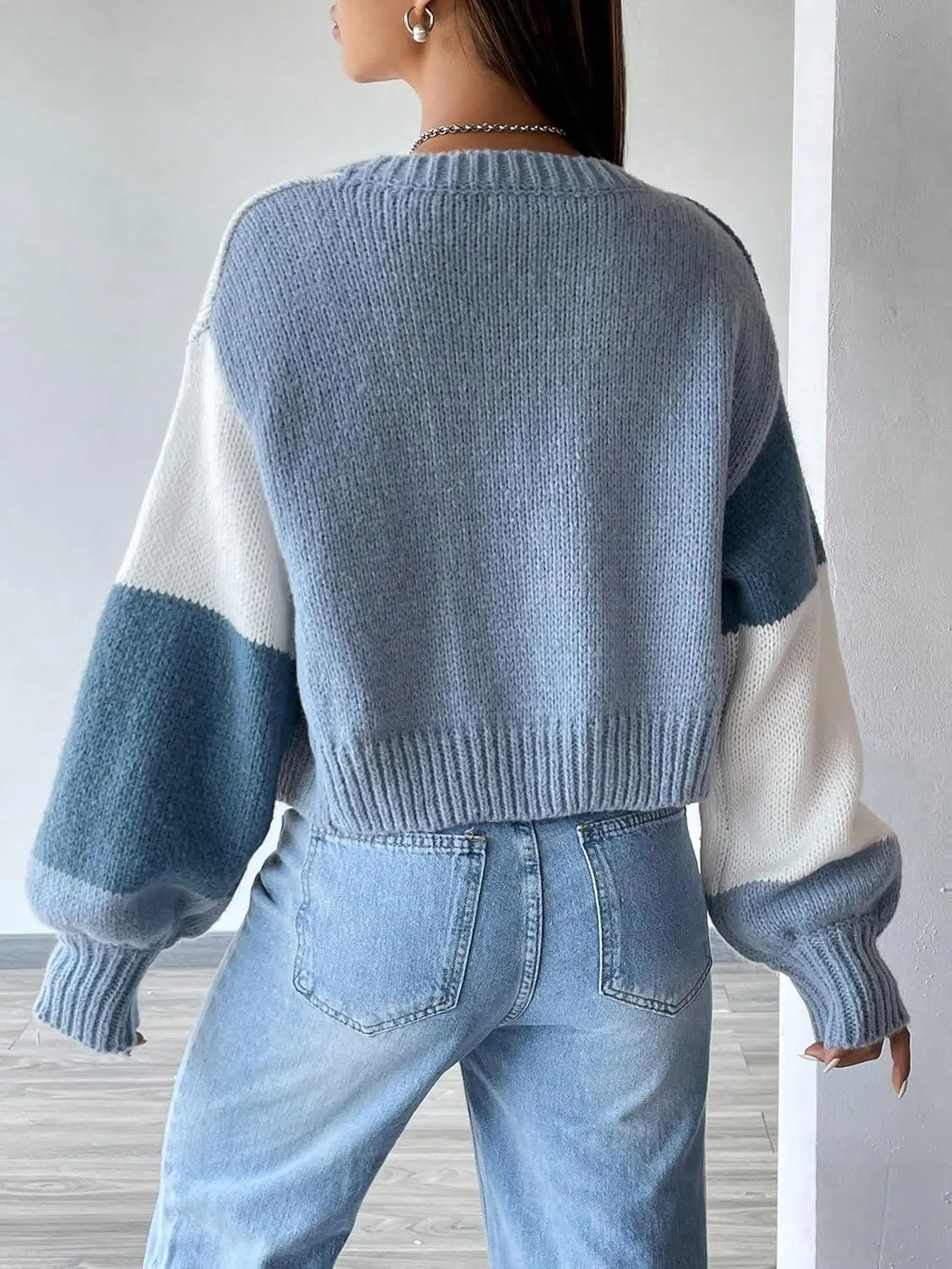 SHENHE Women's Color Block Cardigan Open Front Long Sleeve Knit Cropped Sweater