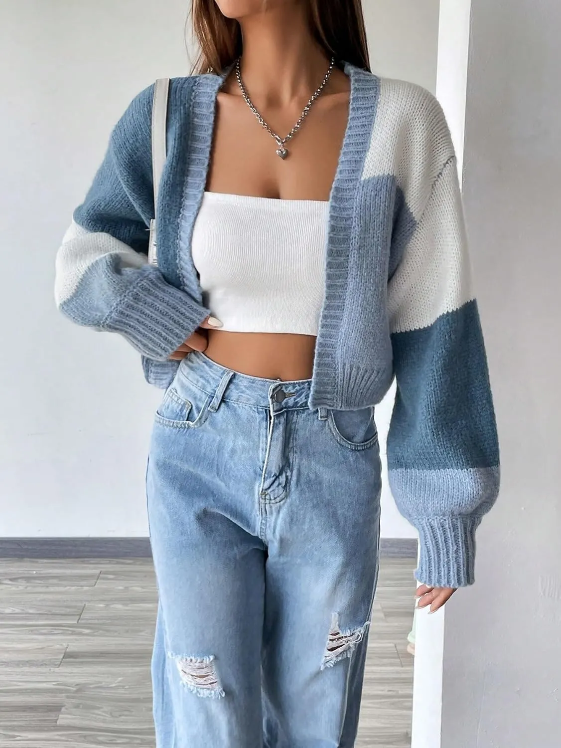 SHENHE Women's Color Block Cardigan Open Front Long Sleeve Knit Cropped Sweater
